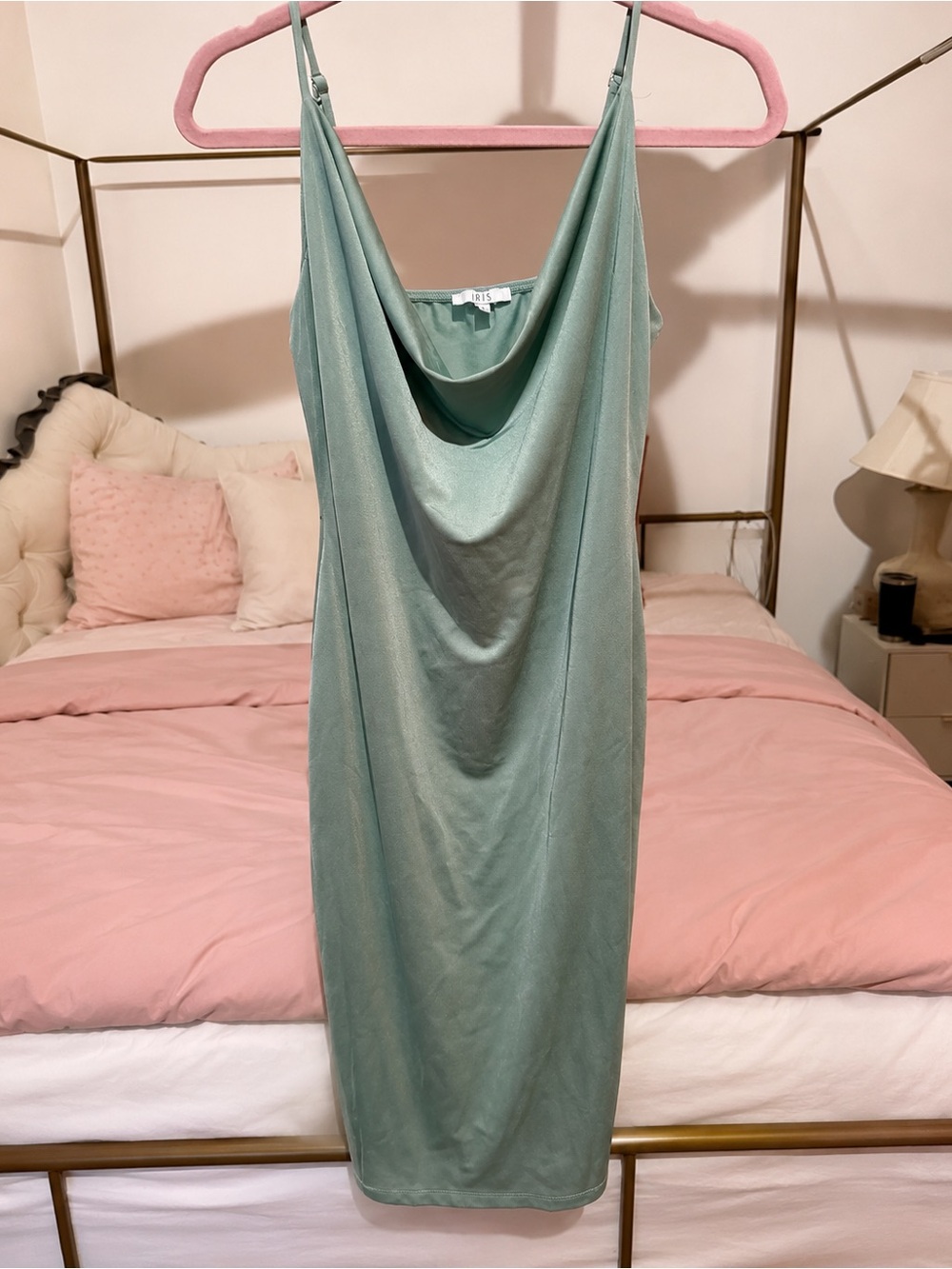 IRIS Sage Green Shimmer Spaghetti Strap Midi Dress Size L